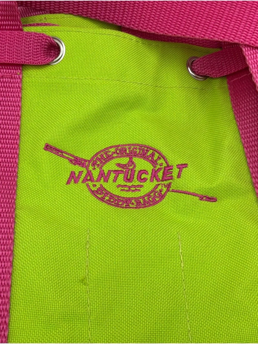 The Original Nantucket Diddy Bag neon green Tote with Pink Webbing Handles